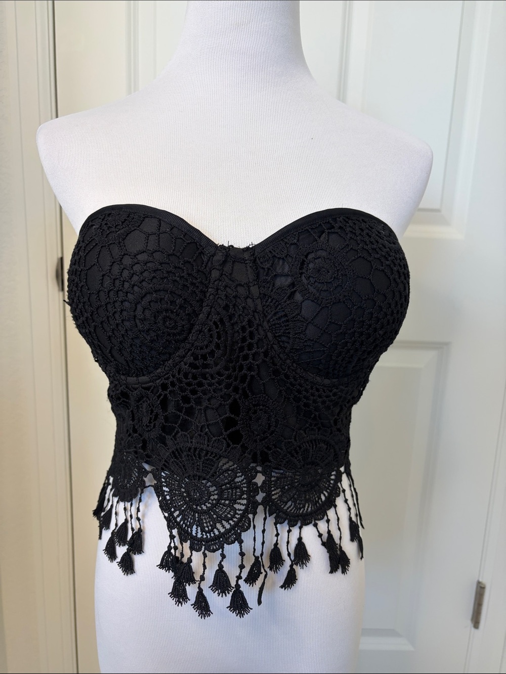 Charlotte Russe Black Crochet Tassel Strapless Bustier